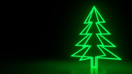 Christmas tree, green neon glow icon on darkness black background. Abstract winter holiday concept. Blank empty space for your copy or another design. 3D rendering illustration