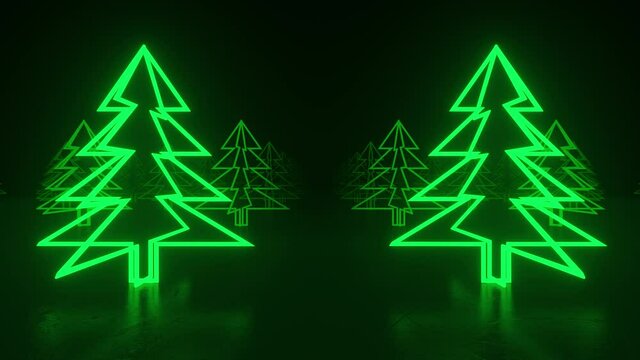 Christmas trees, green neon glow icon on darkness black background. Scene of neon tunnel alley. Abstract winter holiday concept. VJ christmas concept. Seamless loop 3d animation of 4K