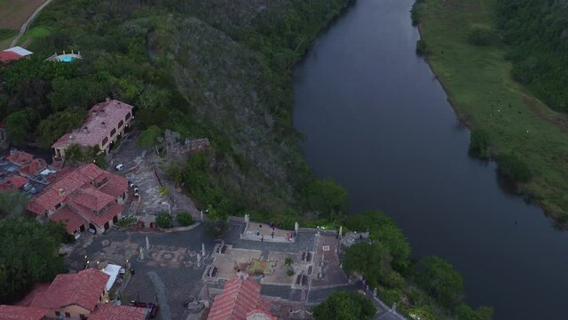 Altos de Chavon from drone. Aerial forward