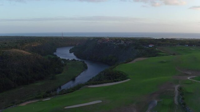 Panoramic view from drone of Altos De Chavon and river