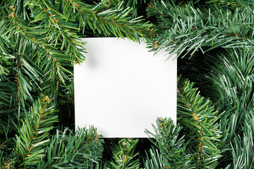 Layout made of Christmas tree branches with paper card note on center. Flat lay. Nature New Year concept