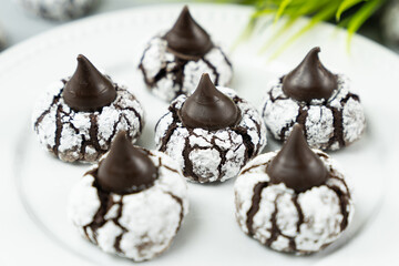 Chocolate crinkle brownie cookies in powdered icing sugar