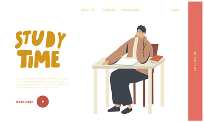 Education Landing Page Template. Student Sitting at Desk with Textbook in Hands Listening Lecture on Lesson in University