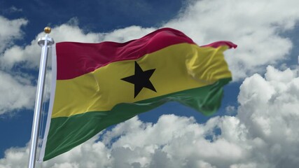 4k looping flag of Ghana with flagpole waving in wind;timelapse rolling clouds background.A fully digital rendering. - Powered by Adobe