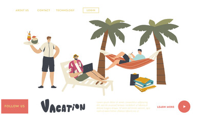 Freelancers on Vacation Landing Page Template. Male Characters Wear Summer Clothes under Palm Trees on Tropical Island