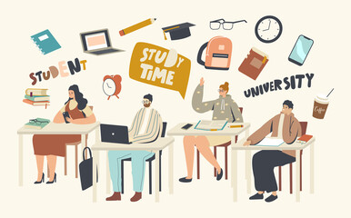 Students Sitting at Desks Visiting Lecture in University. Male and Female Characters Learning, Communicating, Education