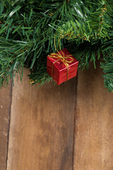 Christmas new year composition on wooden desk background. Fir branches, christmas decoration. Flat lay, top view, copy space