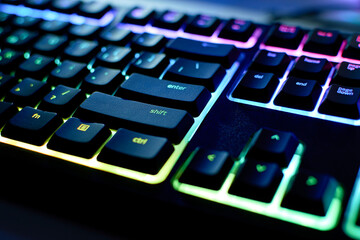 Gaming keyboard with RGB backlight, close-up. RGB LED keyboard