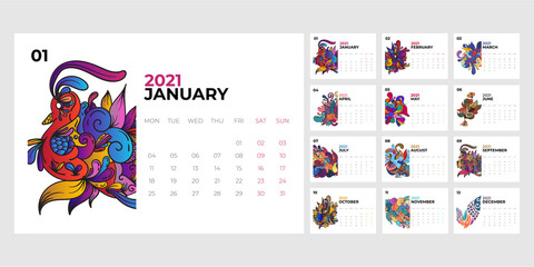 2021 calendar template on a abstract theme. Calendar design concept with abstract trendy animal and botanical. Set of 12 months 2021 pages. Vector illustration.