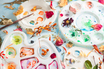 Art botany flat lay with watercolor palettes, leaves and petals, nature and art concep