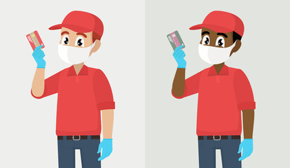 Digital payment technology. Delivery person or courier in mask and gloves showing credit card. Man holding debit, Corona virus epidemic outbreak. Online shopping service. 