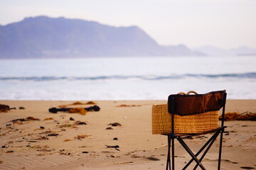 ビーチにおけるピクニックのチェアーとバスケット