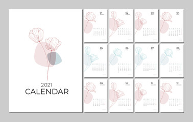 2021 calendar template on a botanical theme. Calendar design concept with abstract seasonal flowers. Set of 12 months 2021 pages. Vector illustration.
