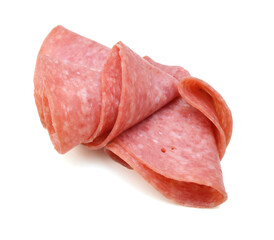Salami smoked sausage slices isolated on white background.