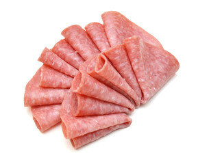 Salami smoked sausage slices isolated on white background.