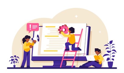 Software development team concept. People configure the application. Back end development. Software development process. Back-end concept. Modern flat illustration.