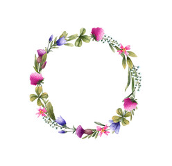 Meadow flowers in wreath: bellflower, cirsium, clover and other. Watercolor illustration. Floral elements isolated on white background.