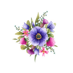 Meadow flowers in bouquets: bellflower, cirsium, clover and other. Watercolor illustration. Floral elements isolated on white background.