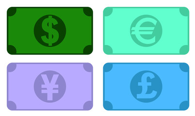 set of paper banknotes icons. US dollar, euro of the European Union, Japanese yen, British pound. Cash in business. Vector