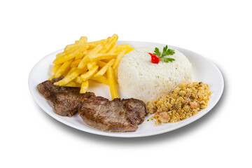 Typical Brazilian food, executive dish, food menu. Beef, rice, beans, potato and crumbs. White background