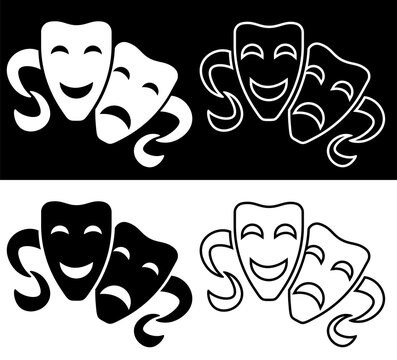 set of comedy and tragic theatrical masks icons. Theatrical premieres, circus poster. Vector