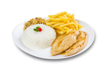 Typical Brazilian food, executive dish, food menu. Chicken breast, rice, beans, potato and crumbs.  Brown background