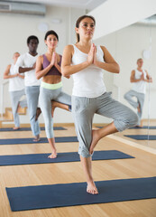 Fototapeta na wymiar Fitness, sport and healthy lifestyle concept - group of people doing yoga at studio
