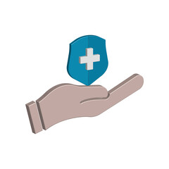 Hand icon 3d and shield with health symbol. Design vector illustration