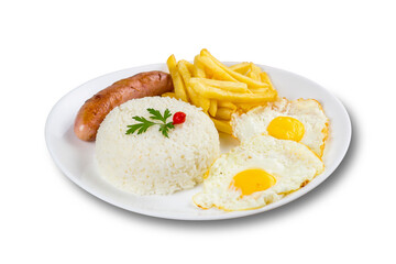 Typical Brazilian food, executive dish, food menu. Sausage, rice, beans, potato and crumbs. White background