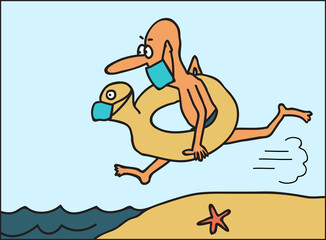 Despite the pandemic, man runs to swim in warm sea. Vector illustration