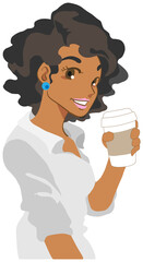 ホットコーヒーを飲み微笑む女性