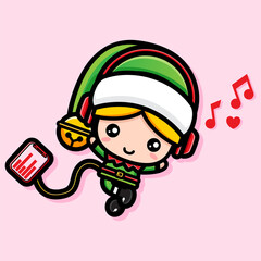 cute fairy character wearing santa costume listening to music