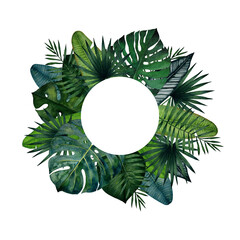 Frame with tropical leaves; monstera, palm, banana, saw palmetto, calathea. Watercolor illustration isolated on white background. - obrazy, fototapety, plakaty
