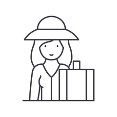 Woman traveling icon, linear isolated illustration, thin line vector, web design sign, outline concept symbol with editable stroke on white background.