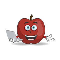Apple mascot character with laptop in right hand. vector illustration