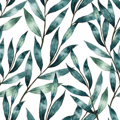 Watercolor seamless pattern with green leaves. Hand drawn illustration isolated on white background.