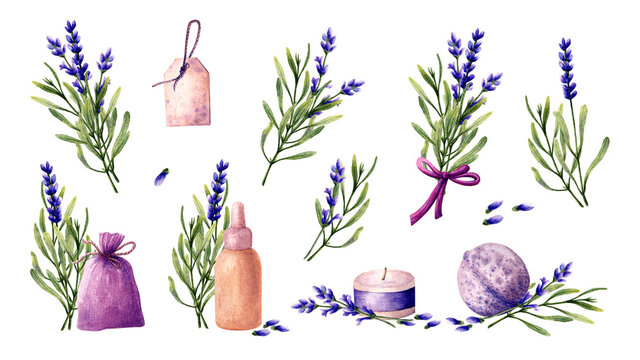 Lavender flowers and leaves. Aromatherapy and spa elements set: bottle, sashet, candle, bath bombs, essential oil. Watercolor hand drawn illustration. Isolated on white background.