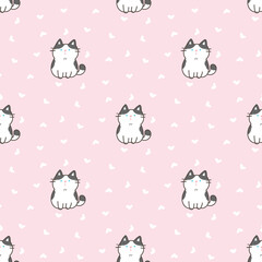 Seamless Pattern with Cartoon Cat Illustration and Heart Design on Light Pink Background