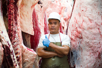 A professional butcher in the factory's cold storage with the carcass of Japanese Wagyu beef in the background. Slaughterhouse food production