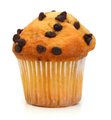 Chocolate chip muffin isolated on white background