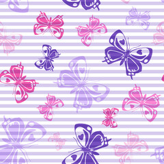 Flying butterfly silhouettes over striped background vector seamless pattern.