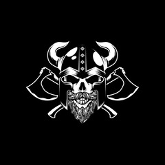 vintage retro badass viking skull warrior black and white vector illustration