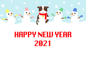 New Year's card of a cow-shaped snowman and four  snowmen. Vector illustration.