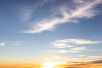 Beautiful View of colorful cloudscape with blue Sky in Background during a sunny sunset. Taken in Vancouver, British Columbia, Canada.