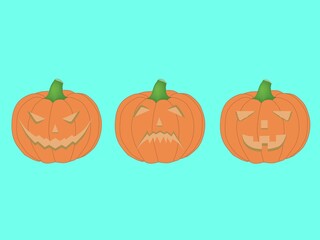 Set pumpkin on cyan background. The main symbol of the Happy Halloween holiday. Orange pumpkin with smile for your design for the holiday Halloween.Vector illustration.