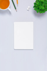 Workspace with blank paper notepad, cup of tea, pencils, sharpener, succulent on light gray backgroud. Office table desk. Flat lay with copy space