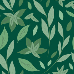 Seamless pattern with simple green leaves and branches on green background. Herbal natural background. Green tea and mint. Vector flat hand drawn texture for fabrics, wallpapers and your design.