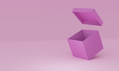 Internet, business, Technology and network concept. Empty purple open cardboard box isolated on pink pastel colored background with shadow 3d rendering