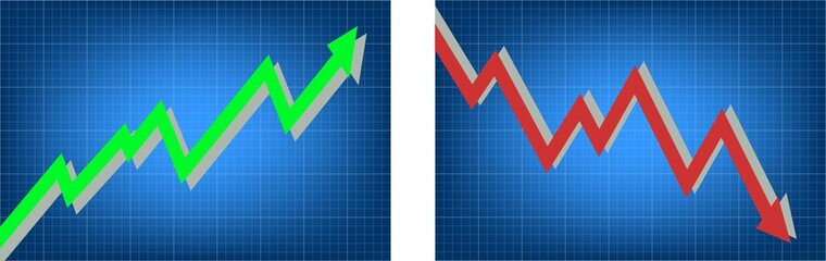 Naklejka premium Green and Red indication arrow on screen dark blue reflection background. Investment opportunities and risks. statistic financial graphic. up and down of circle investment market. - vector