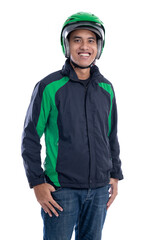 asian male motorbike rider with uniform isolated over white background